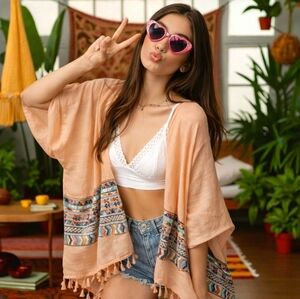Peach Floral Embroidered Geometric Boho Kimono Fringe Cover Up Vacation Festival